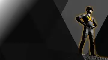 Изображение персонажа-супергероя в эффектной позе на темном фоне, рекламирующего бонус за пополнение от Баунти с драматичной и уверенной позой.